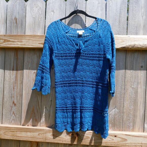 Lucky Brand Sweater Open Knit Crochet Blue Size Medium 3/4 Sleeve Cotton Boho - Picture 3 of 7